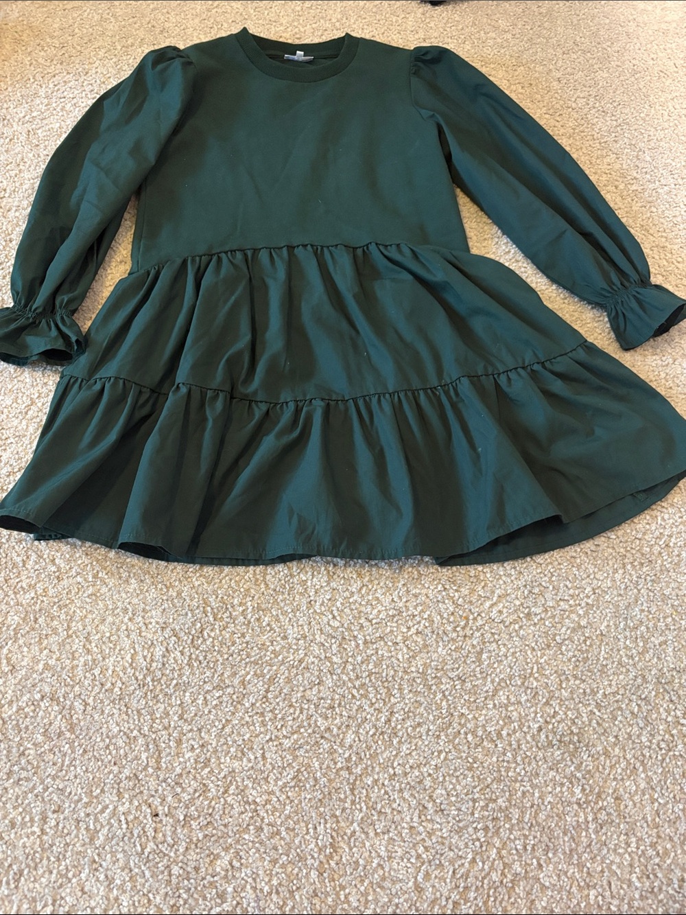 Girls Forest Green Tiered Long-Sleeve Dress